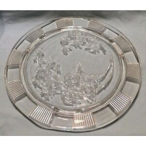 Federal Glass Sharon "Cabbage Rose" Clear Glass Footed Cake Plate 1930's